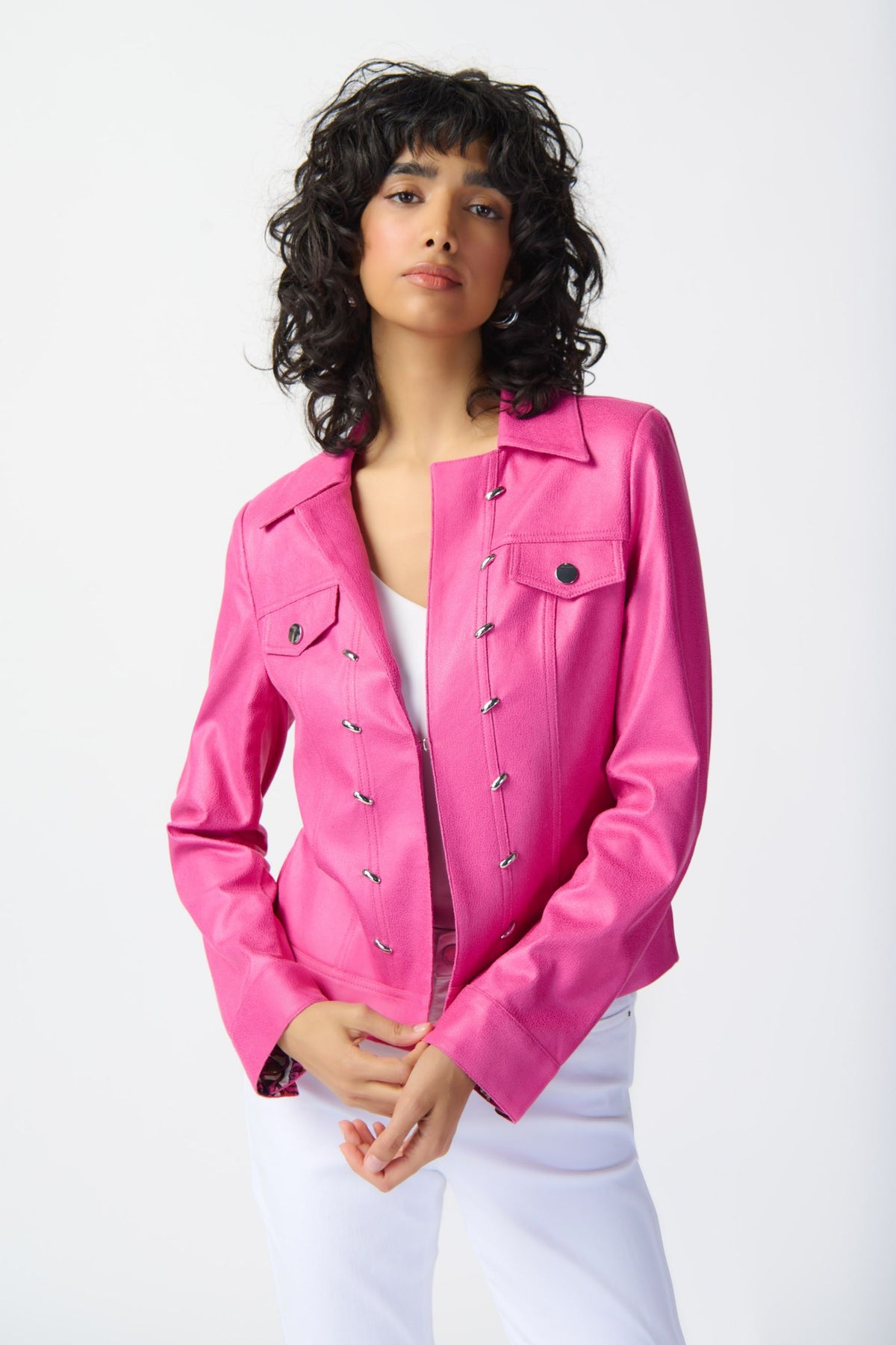 Joseph Ribkoff Foiled Suede Jacket With Metal Trims - Style 241911, front2, pink