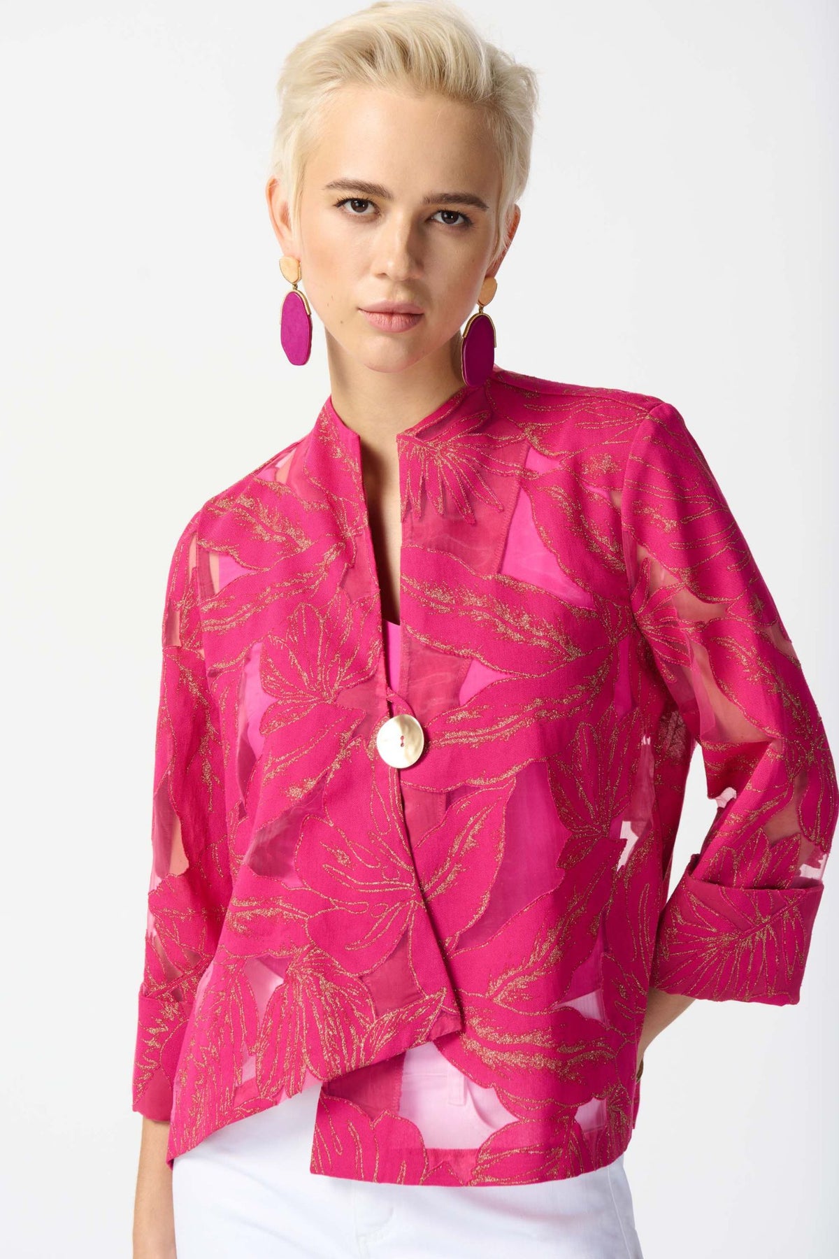 Joseph Ribkoff Jacquard Tropical Print Swing Jacket - Style 242219, front, pink