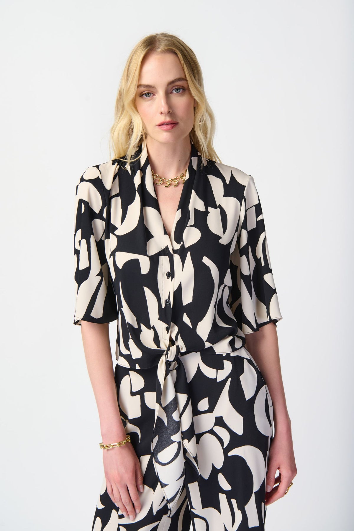 Joseph Ribkoff Abstract Print Woven Front Tie Blouse - Style 241098, front