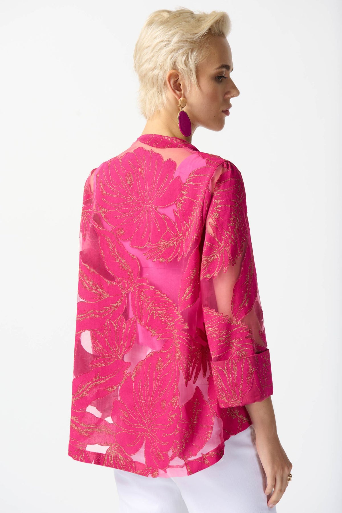 Joseph Ribkoff Jacquard Tropical Print Swing Jacket - Style 242219, back, pink