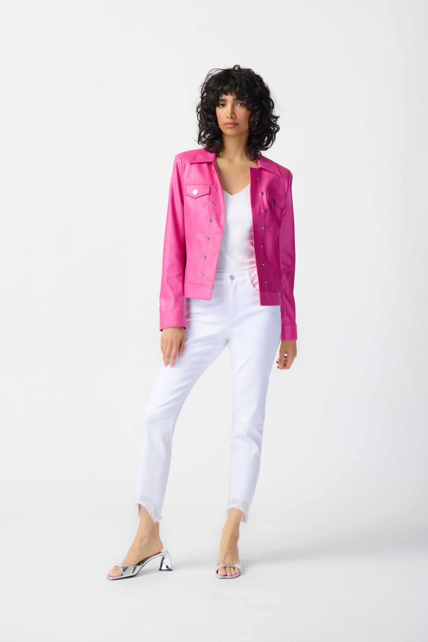 Joseph Ribkoff Foiled Suede Jacket With Metal Trims - Style 241911, front4, pink