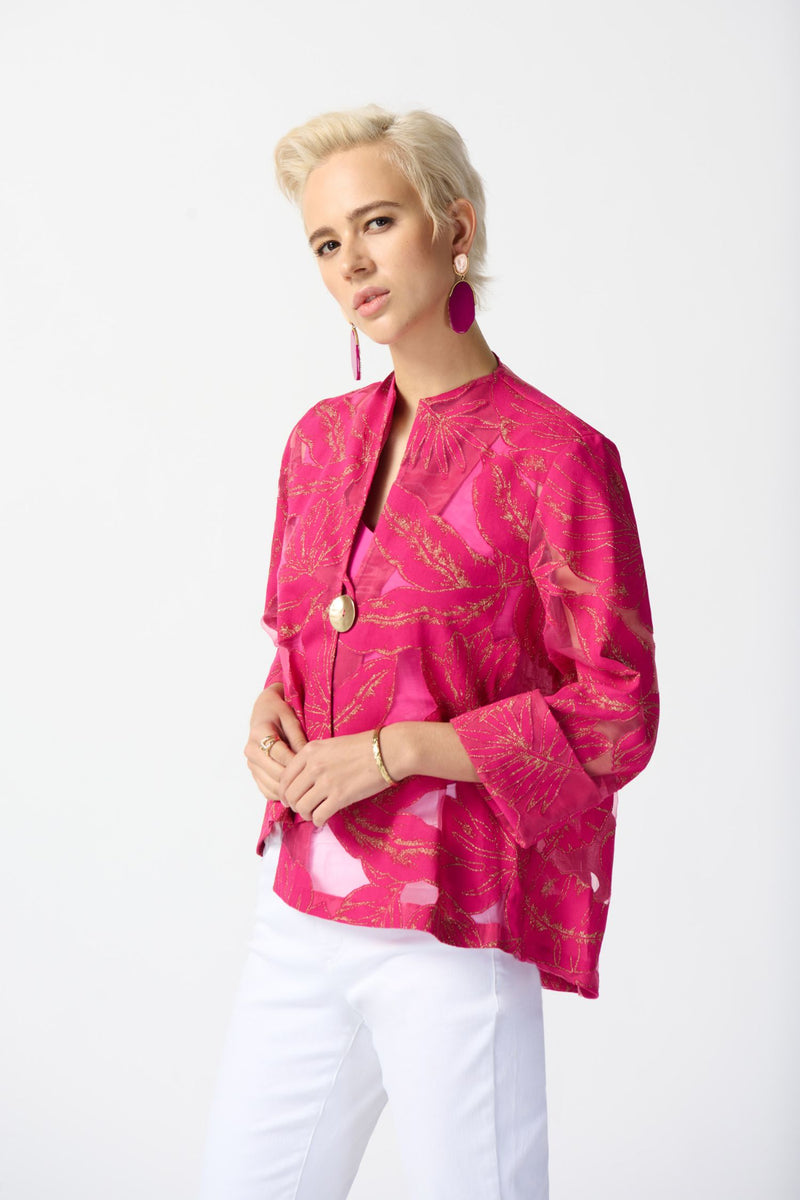 Joseph Ribkoff Jacquard Tropical Print Swing Jacket - Style 242219, side, pink