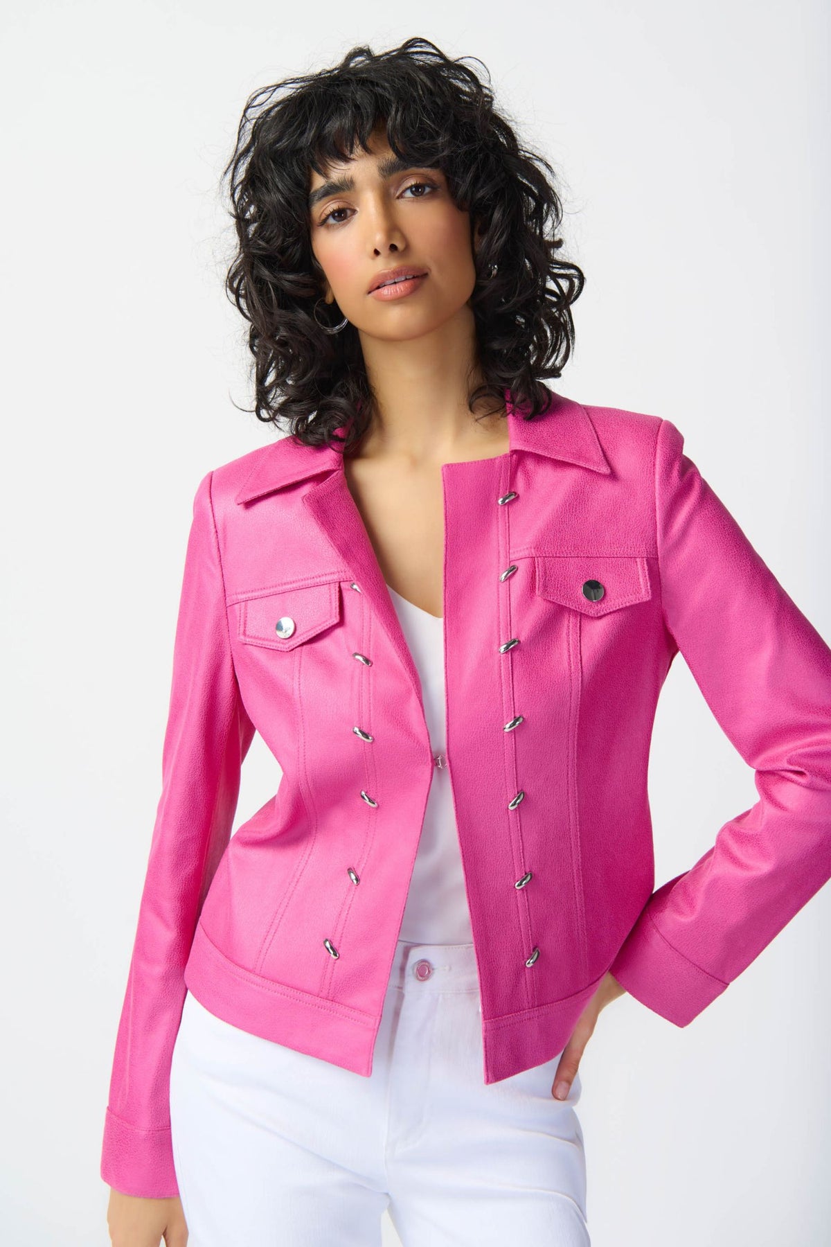 Joseph Ribkoff Foiled Suede Jacket With Metal Trims - Style 241911, front, pink