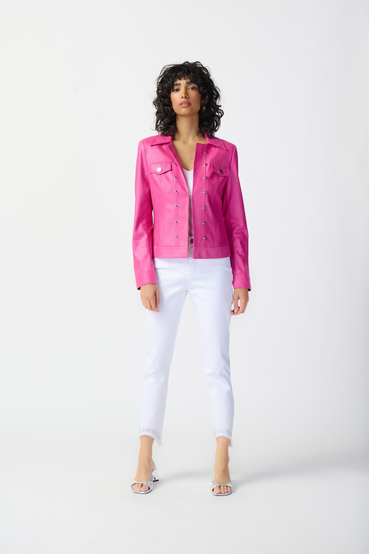 Joseph Ribkoff Foiled Suede Jacket With Metal Trims - Style 241911, front3, pink