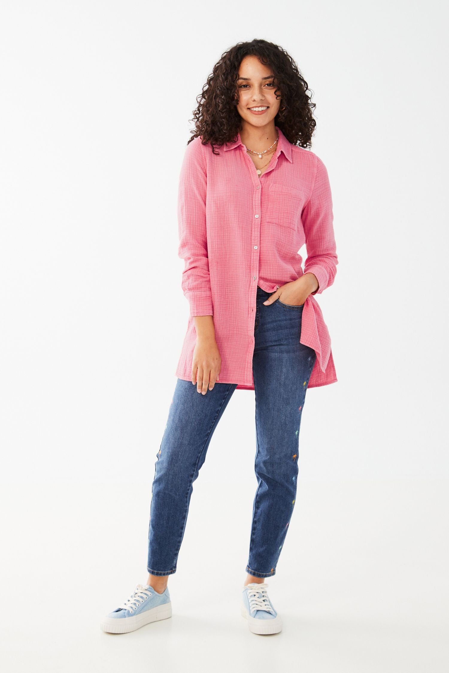 FDJ Long Sleeve Crinkle Cotton Tunic - Style 7122975F, pink, front