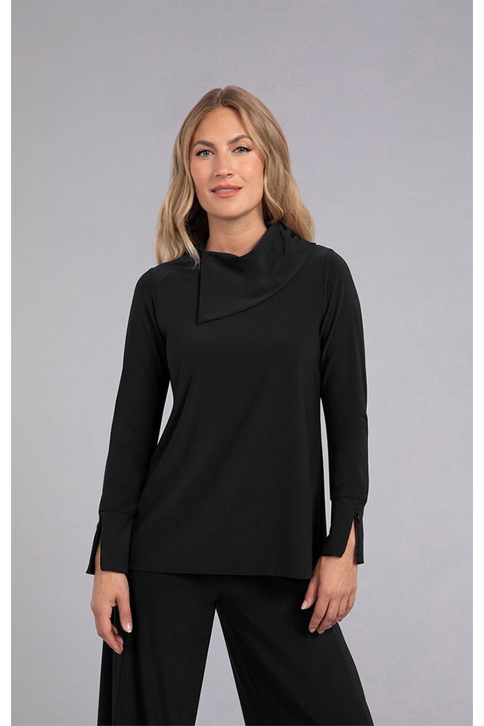 Sympli Fold-Over Neck Top - Style 22292-3, black, front