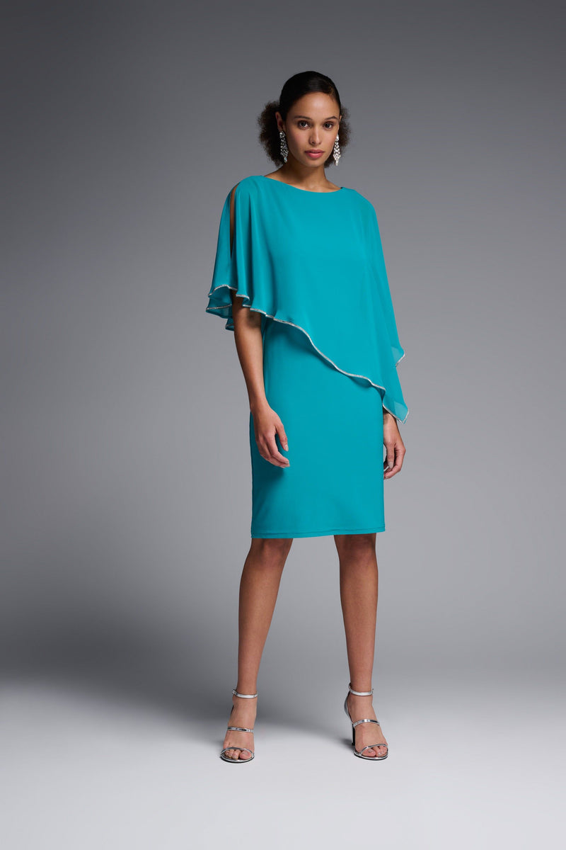 Joseph Ribkoff Signature Chiffon Overlay Dress - Style 223762, front, ocean blue