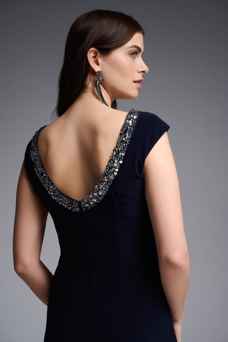 Joseph Ribkoff Signature Embellished Neckline Dress - Style 231709, back closeup