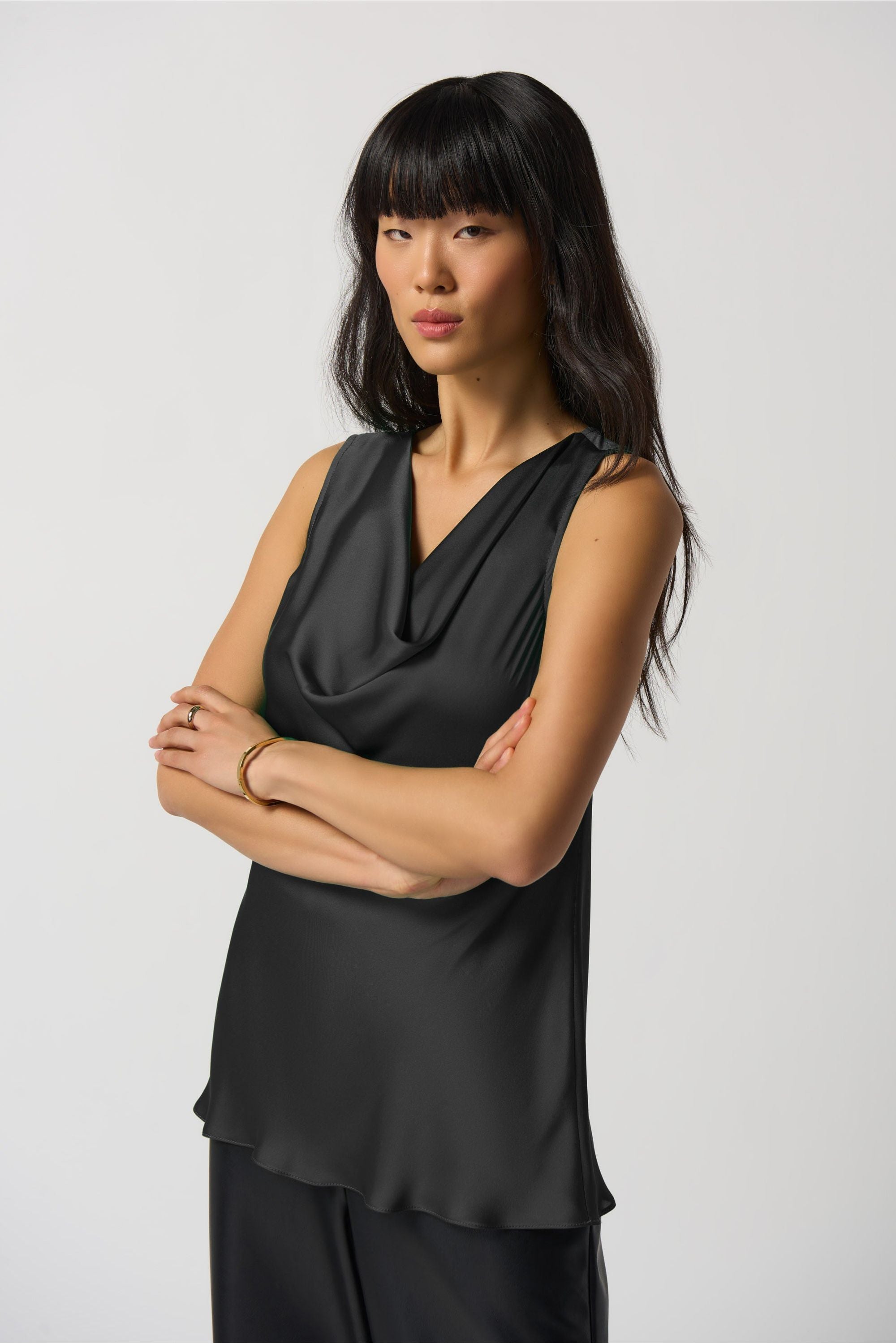 Joseph Ribkoff Cowl Neck Satin Top - Style 233048, front, black