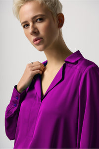 Joseph Ribkoff Notched Collar Satin Blouse - Style 233135, closeup front, opulence