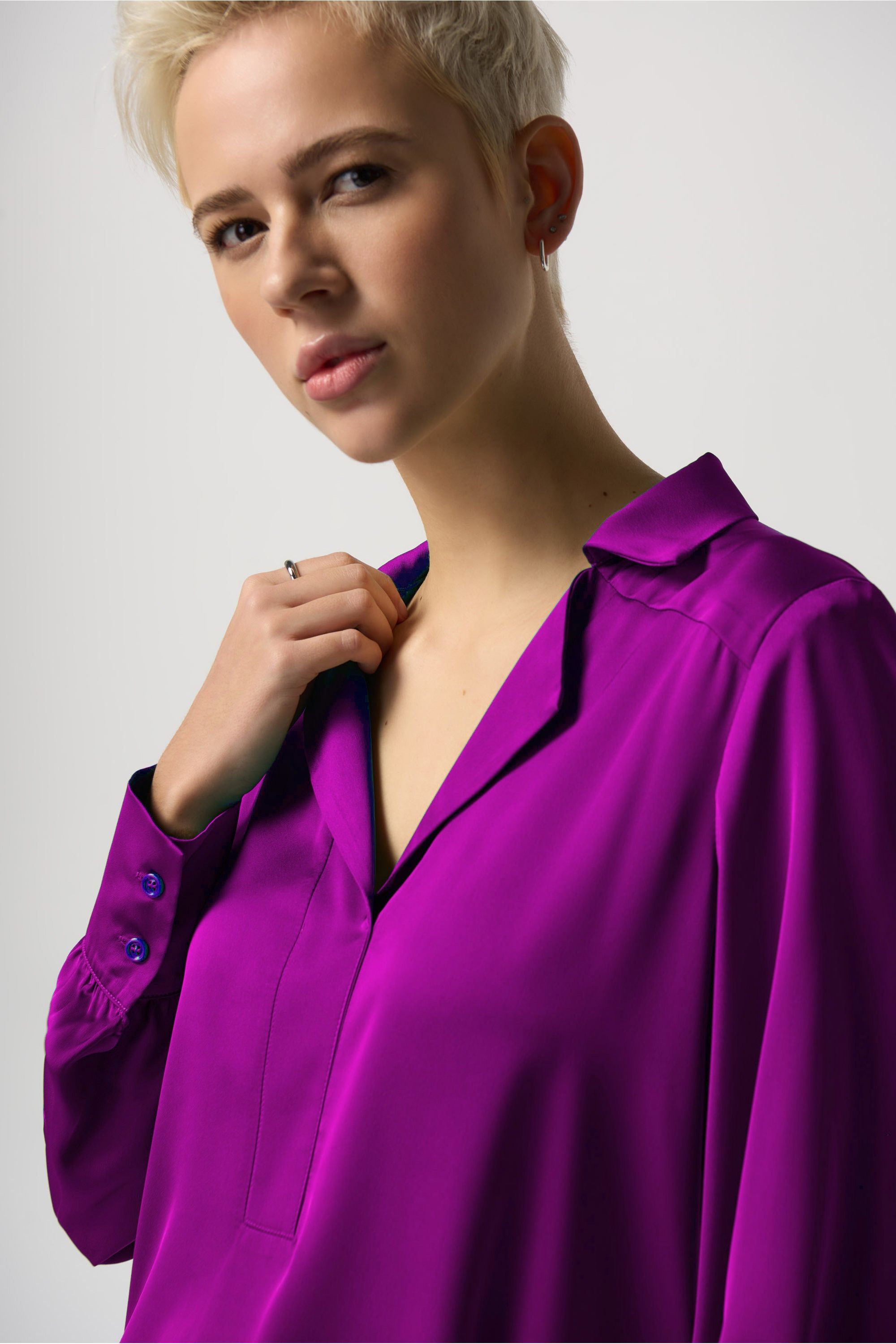 Joseph Ribkoff Notched Collar Satin Blouse - Style 233135, closeup front, opulence
