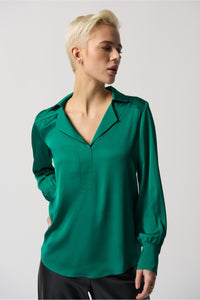 Joseph Ribkoff Notched Collar Satin Blouse - Style 233135, front, kelly green