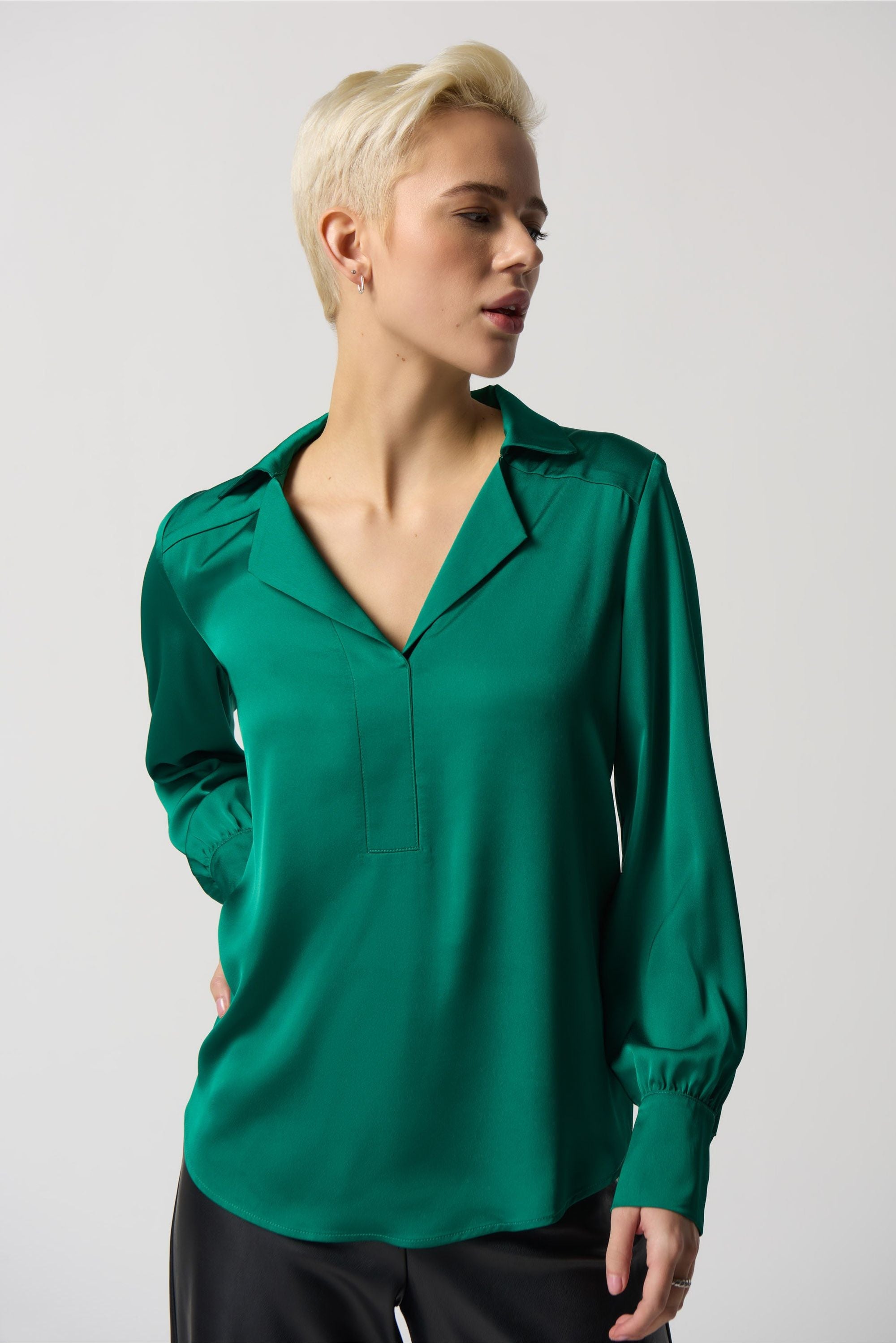 Joseph Ribkoff Notched Collar Satin Blouse - Style 233135, front, kelly green