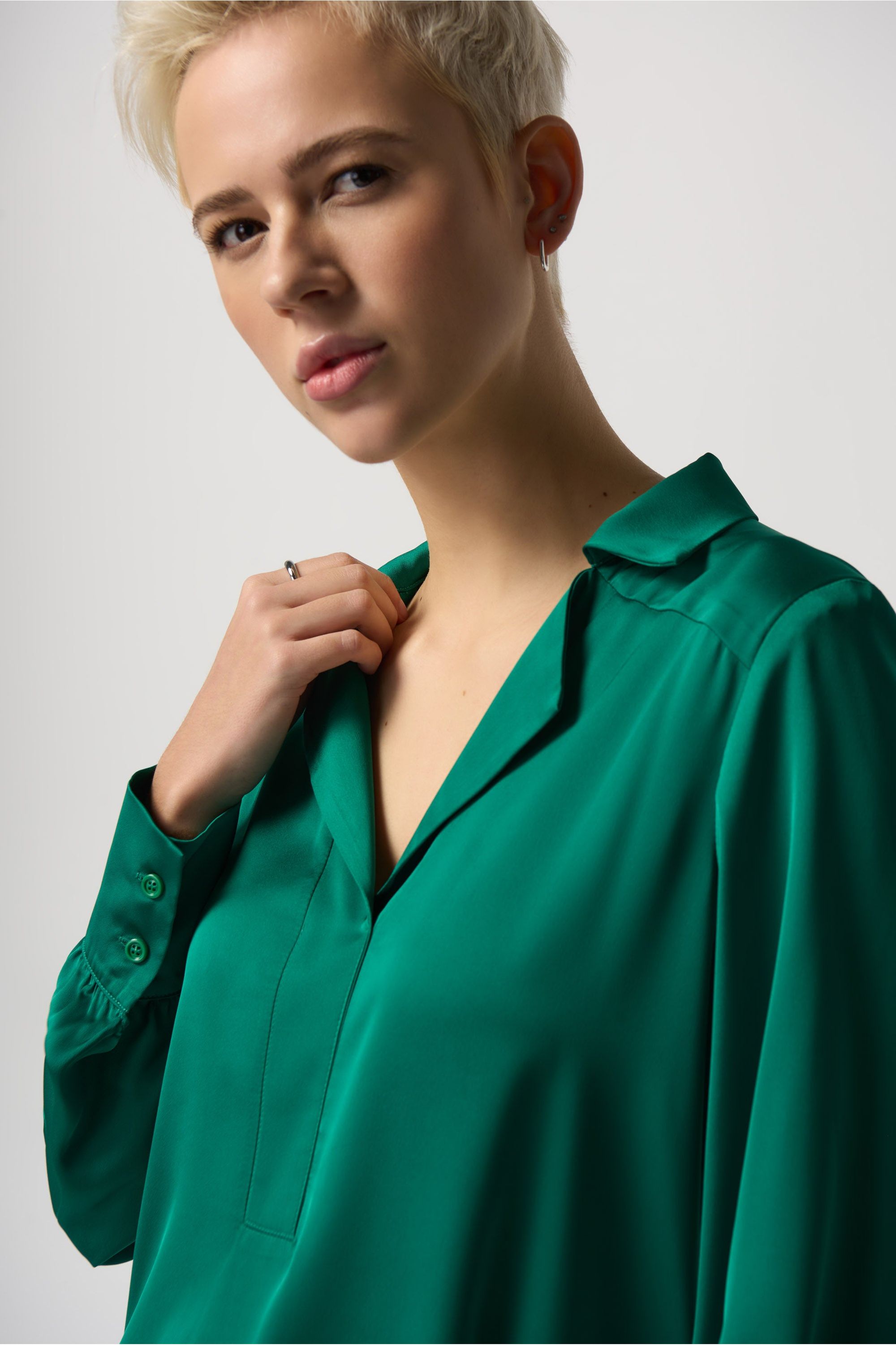 Joseph Ribkoff Notched Collar Satin Blouse - Style 233135, front closeup, kelly green