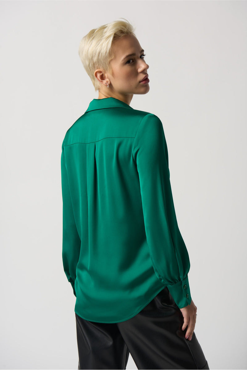 Joseph Ribkoff Notched Collar Satin Blouse - Style 233135, back, kelly green