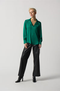 Joseph Ribkoff Notched Collar Satin Blouse - Style 233135, front2, kelly green