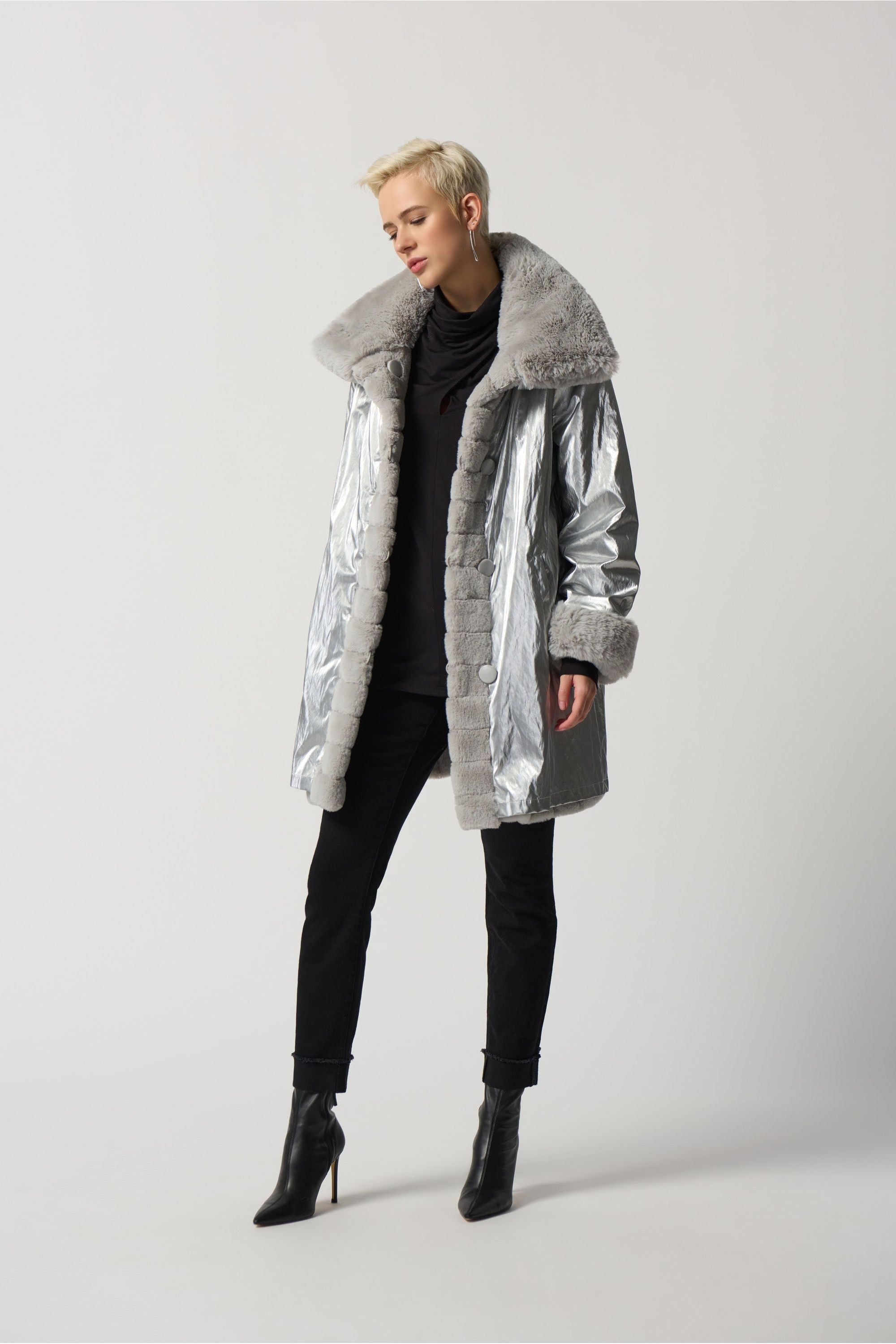 Joseph Ribkoff Faux Fur Reversible Puffer Coat - Style 233900, front open, reverse, silver