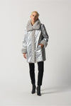 Joseph Ribkoff Faux Fur Reversible Puffer Coat - Style 233900, front closed, reverse, silver