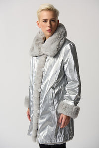 Joseph Ribkoff Faux Fur Reversible Puffer Coat - Style 233900, front, reversed, silver