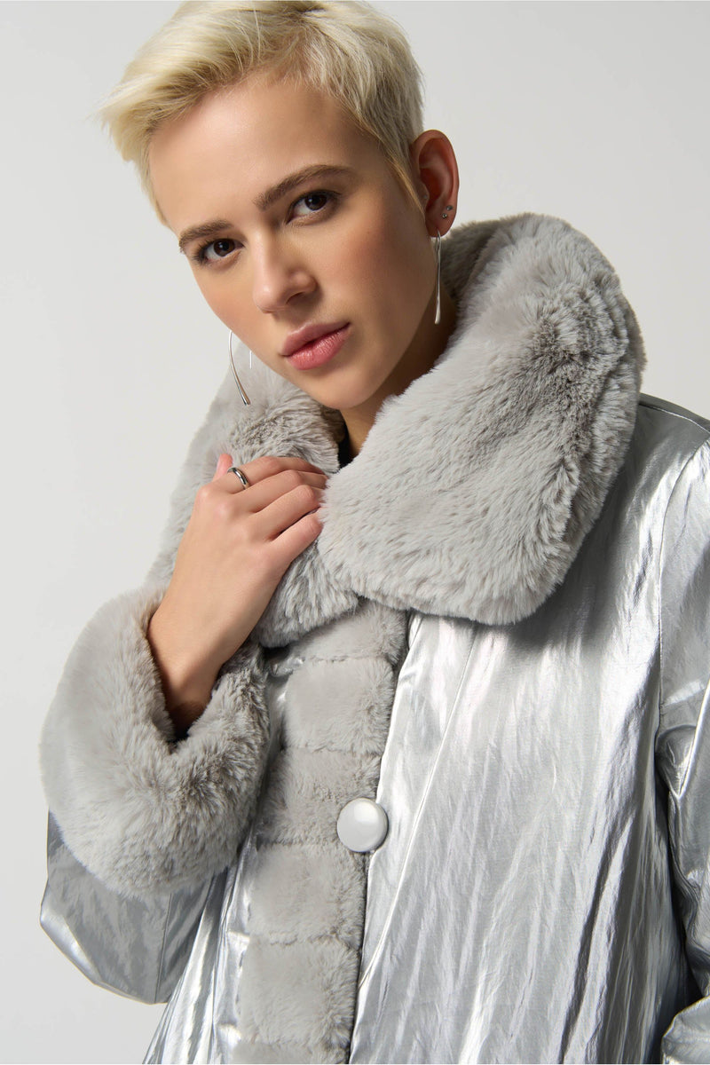 Joseph Ribkoff Faux Fur Reversible Puffer Coat - Style 233900, reverse, collar, silver