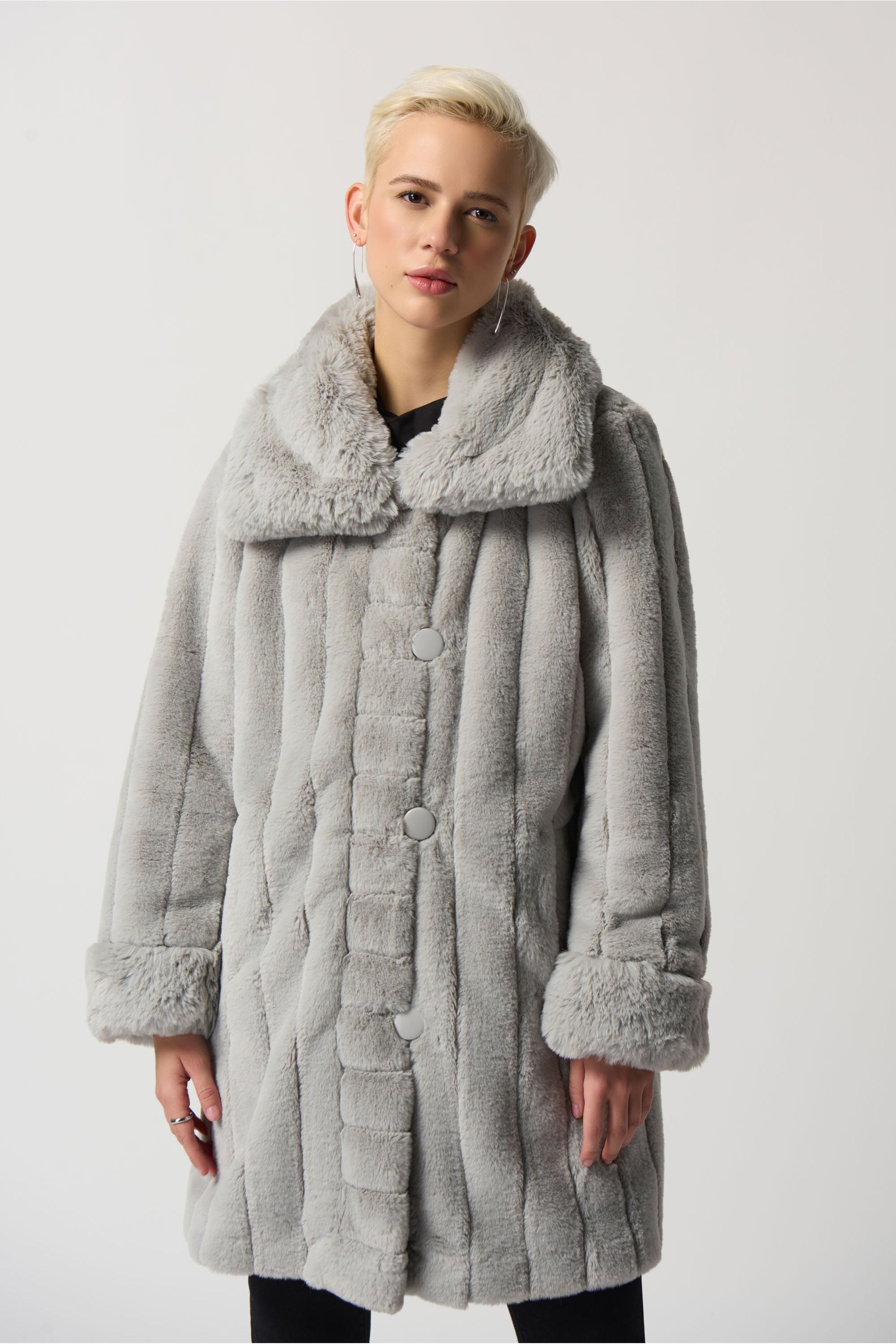 Joseph Ribkoff Faux Fur Reversible Puffer Coat - Style 233900, front, silver