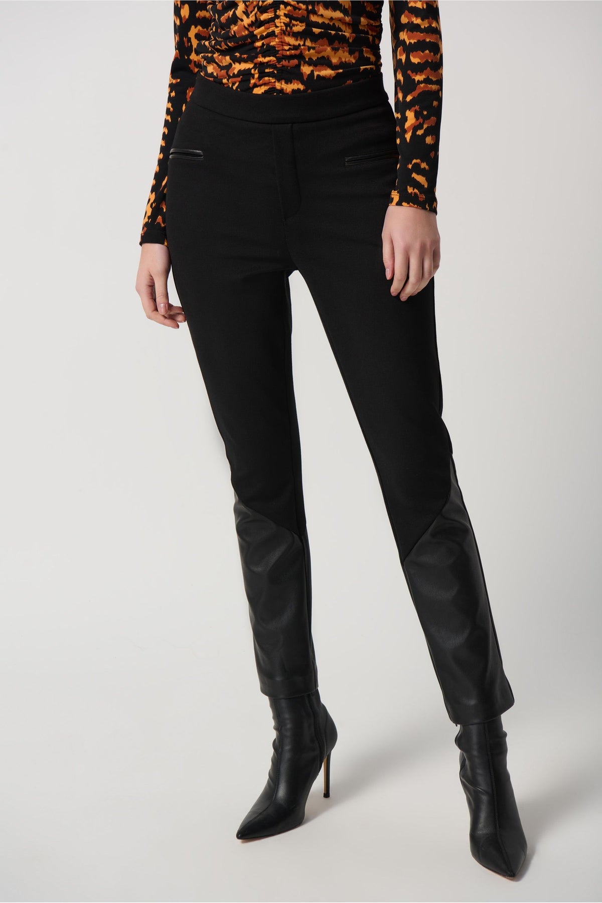 Joseph Ribkoff Heavy Knit And Faux Leather Pants - Style 234036, front