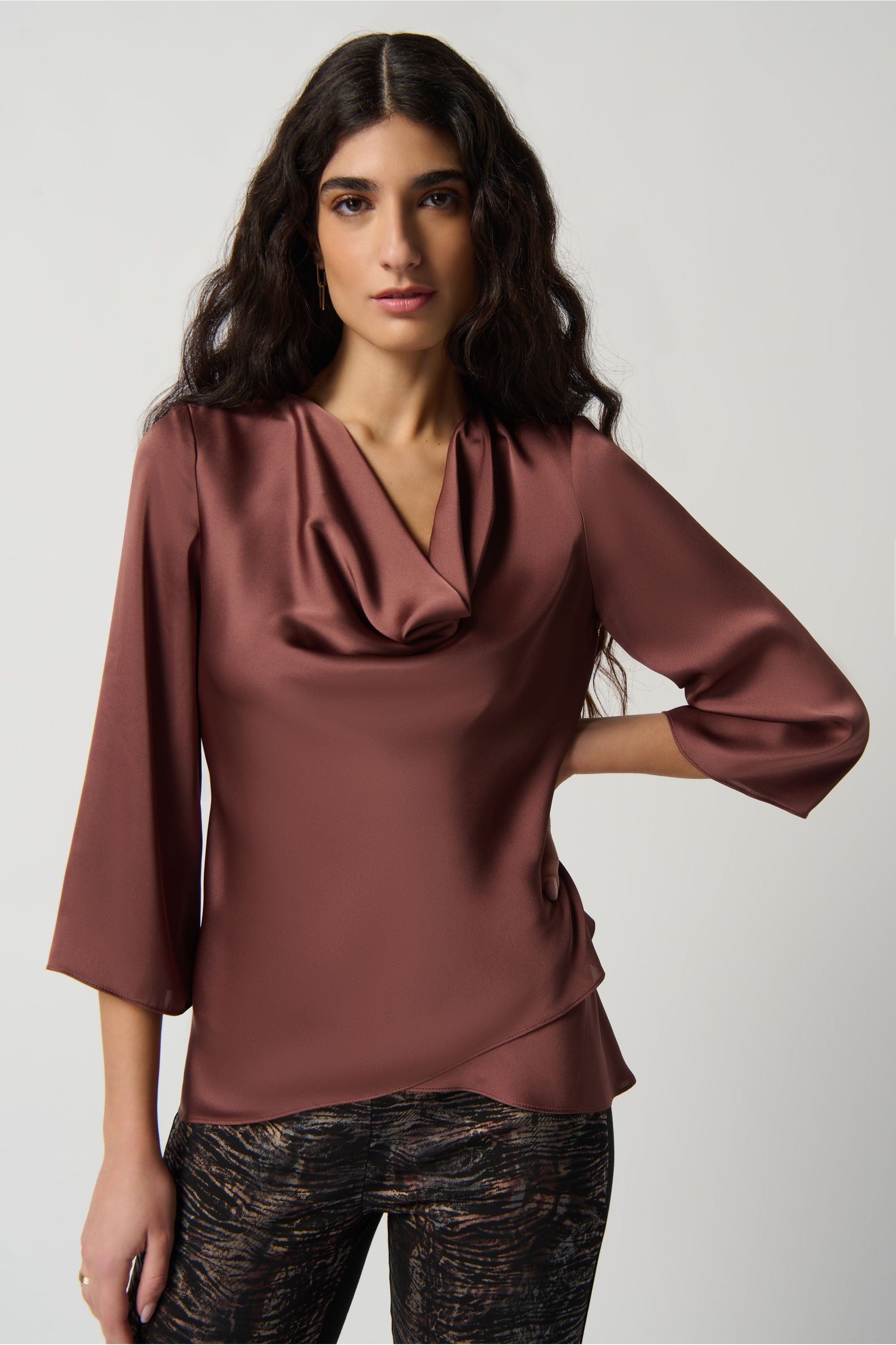 JR Cowl Neckline Satin Flared Top - Style 234082, front, toffee
