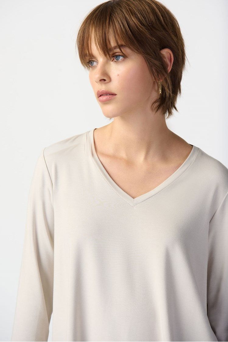 Joseph Ribkoff Bamboo Jersey Trapeze Top - Style 241038, front closeup, moonstone