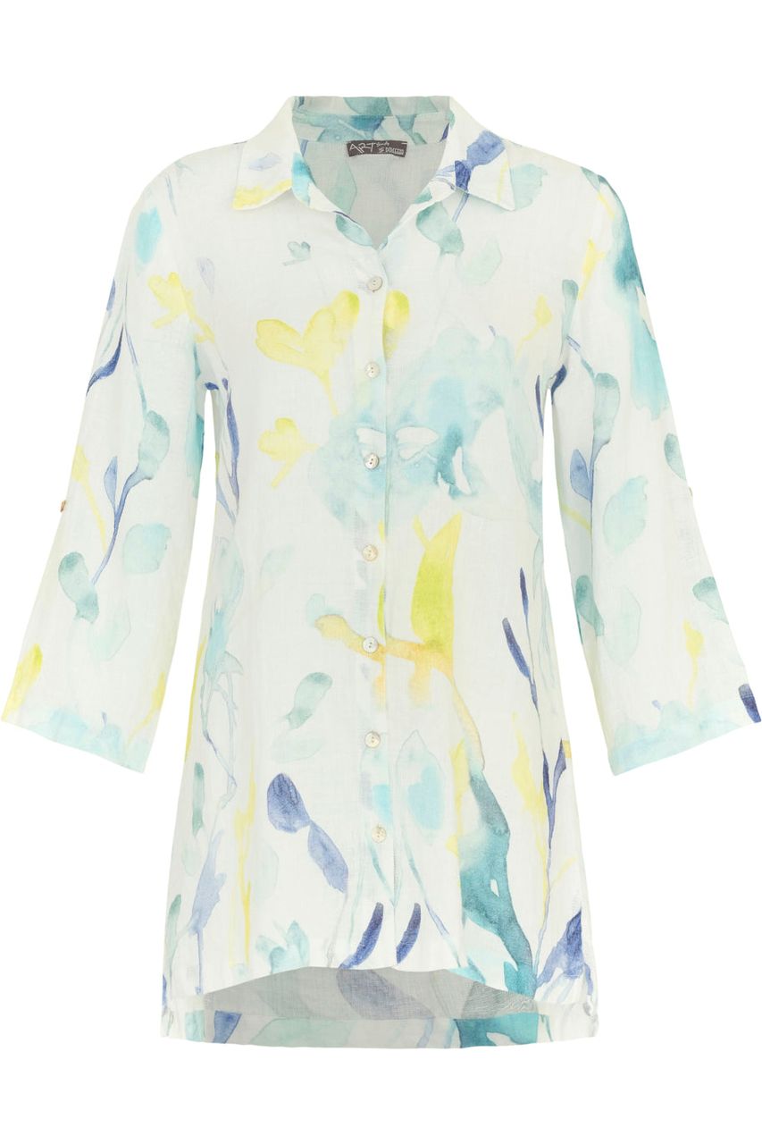 Dolcezza "Turquoise Bloom" Linen Blouse - Style 24630, front
