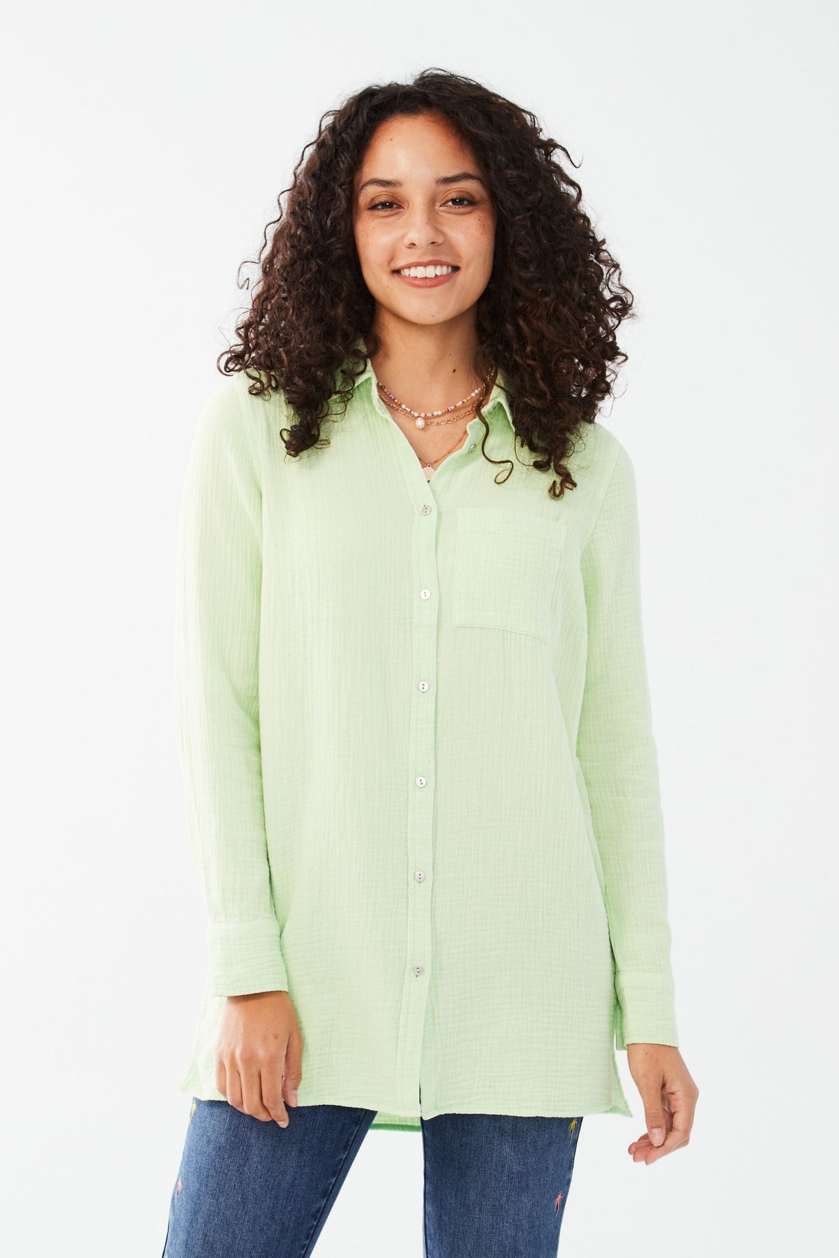 FDJ Long Sleeve Crinkle Cotton Tunic - Style 7122975F, front, green