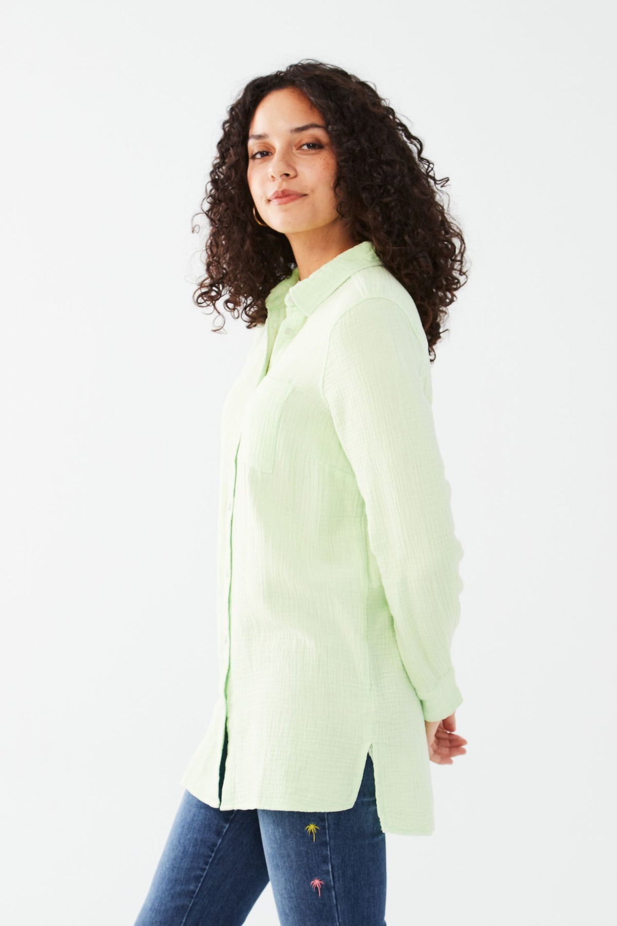 FDJ Long Sleeve Crinkle Cotton Tunic - Style 7122975F, side, green
