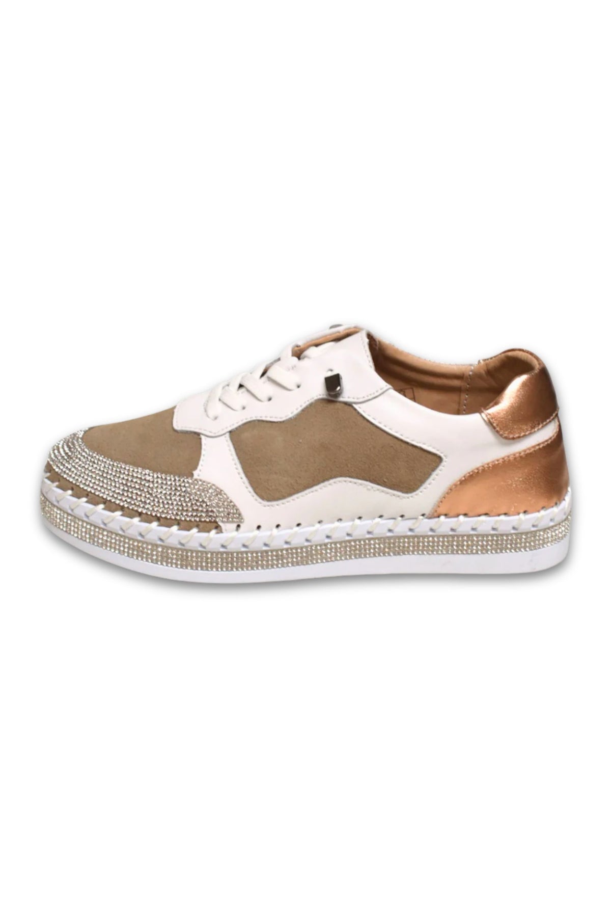 Outside view of Bernie Mev TW Billie Sneaker in tan rose