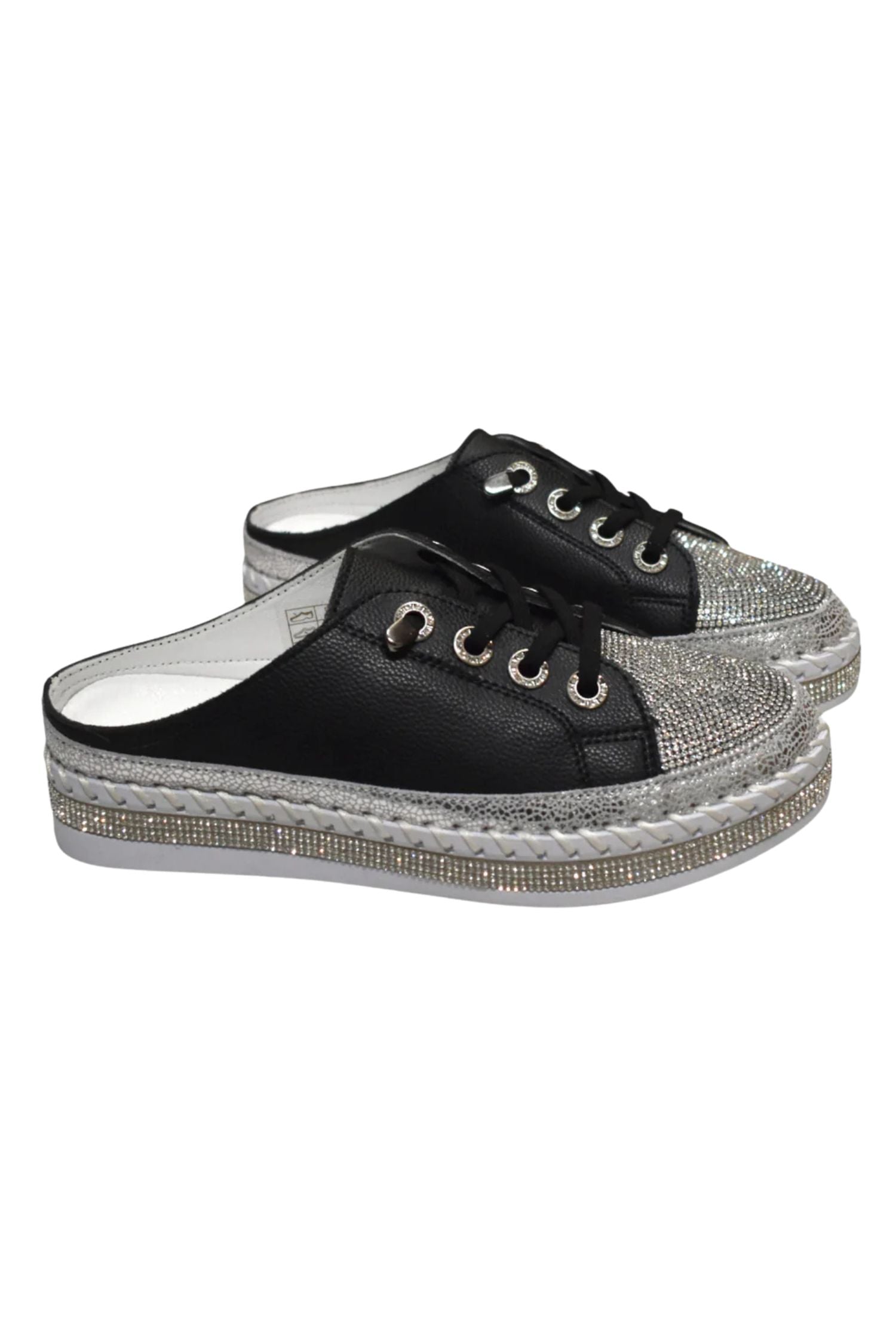 Side pair view of Bernie Mev Lace-Up Slide - Style TW Jive in black