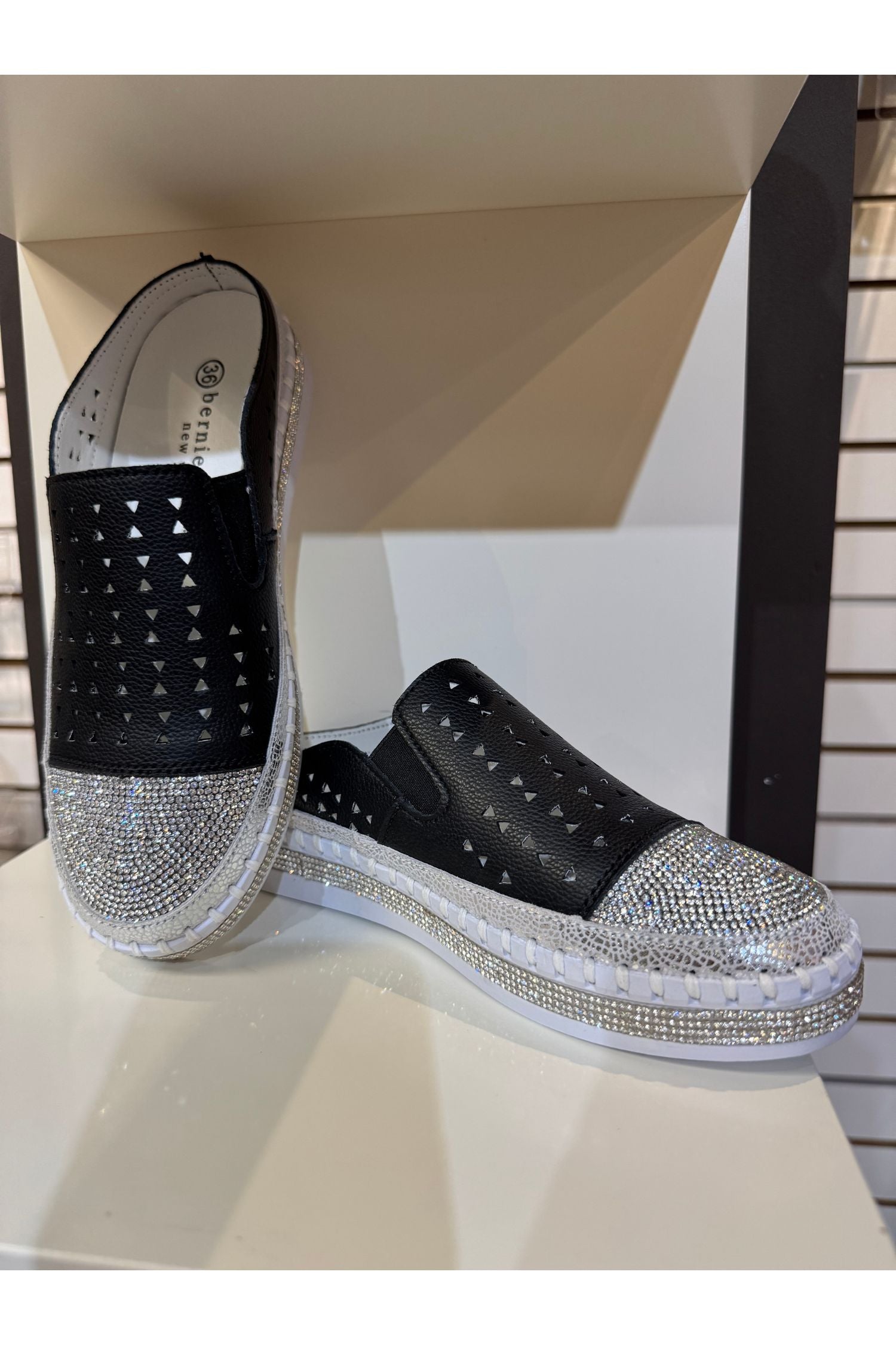 Front view2 of pair of Bernie Mev Mule Shoes - Style TW shine in black