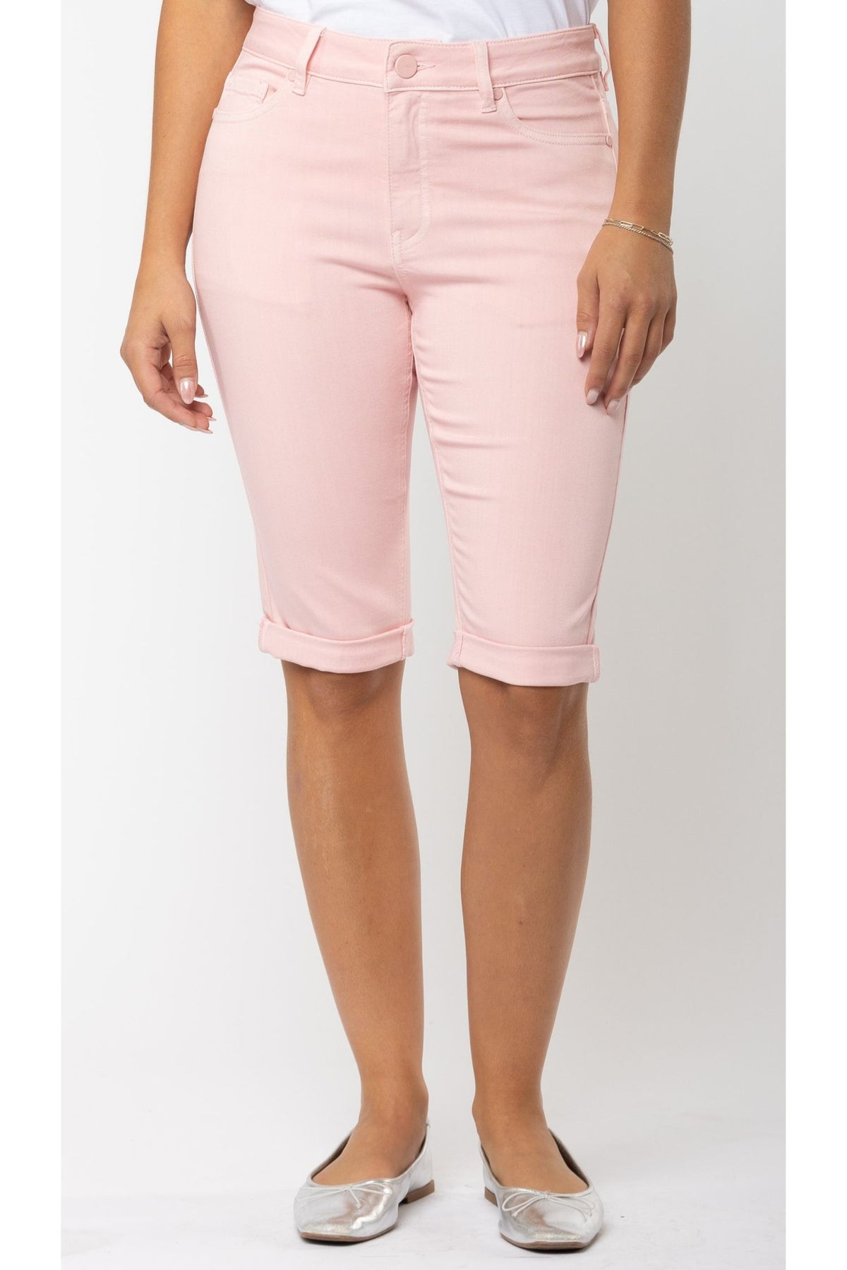 Front view of Carreli Jeans Bermuda Shorts - Style PB-002 in crystal rose