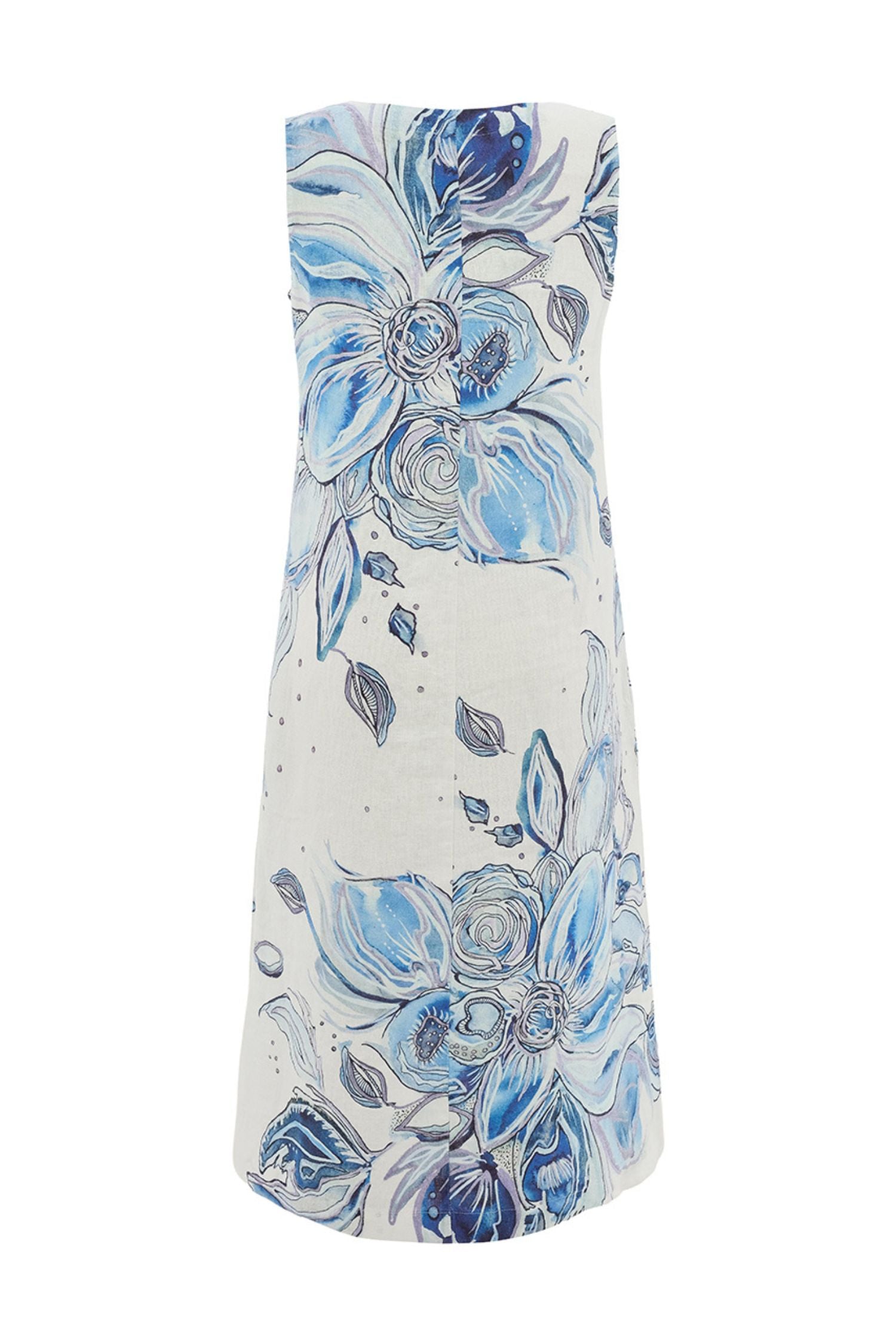 Back view of Dolcezza Blue Floral Linen Dress - Style 26654