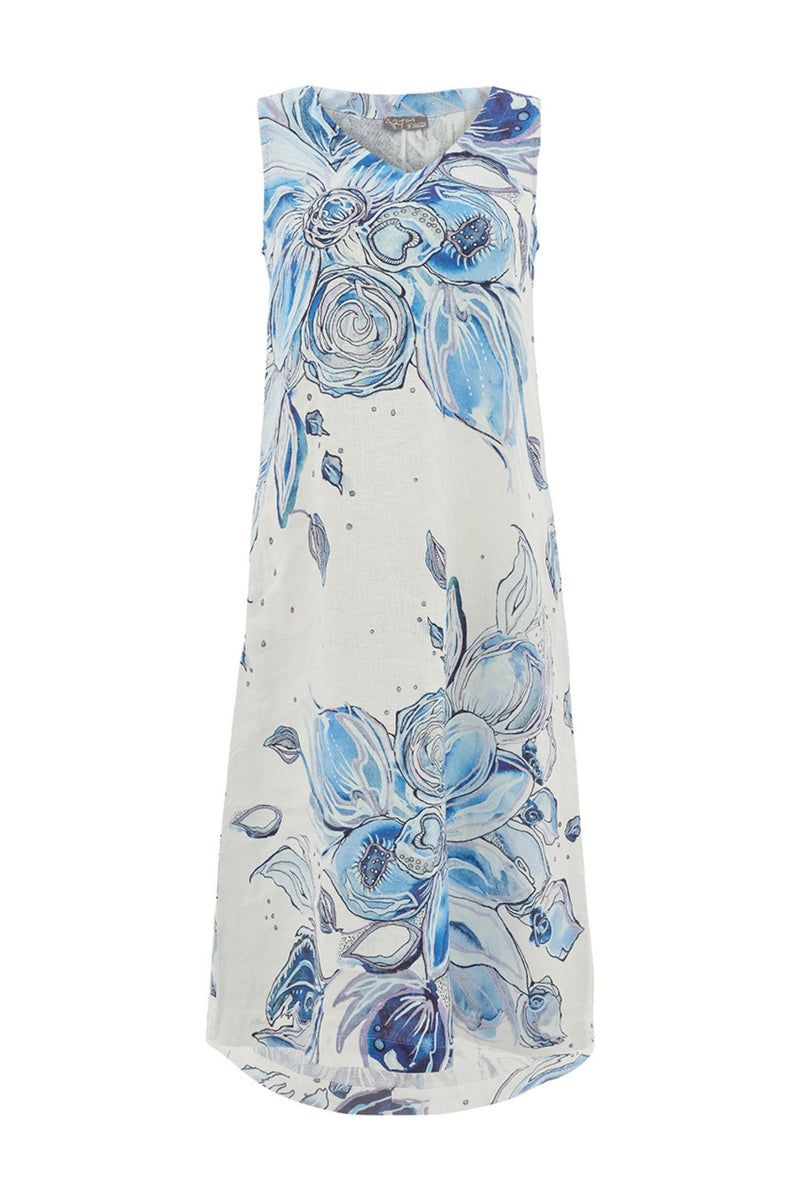 Front view of Dolcezza Blue Floral Linen Dress - Style 26654