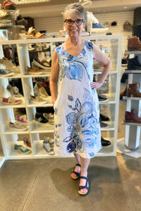 Modeled view of Dolcezza Blue Floral Linen Dress - Style 26654