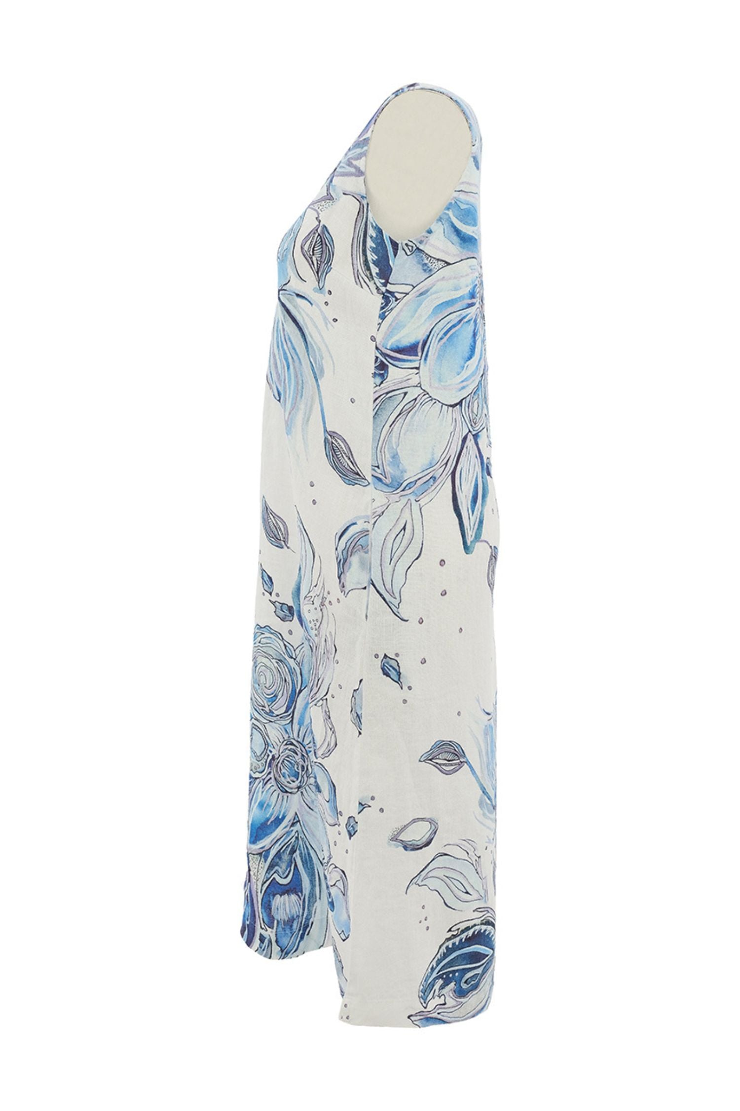 Side view of Dolcezza Blue Floral Linen Dress - Style 26654