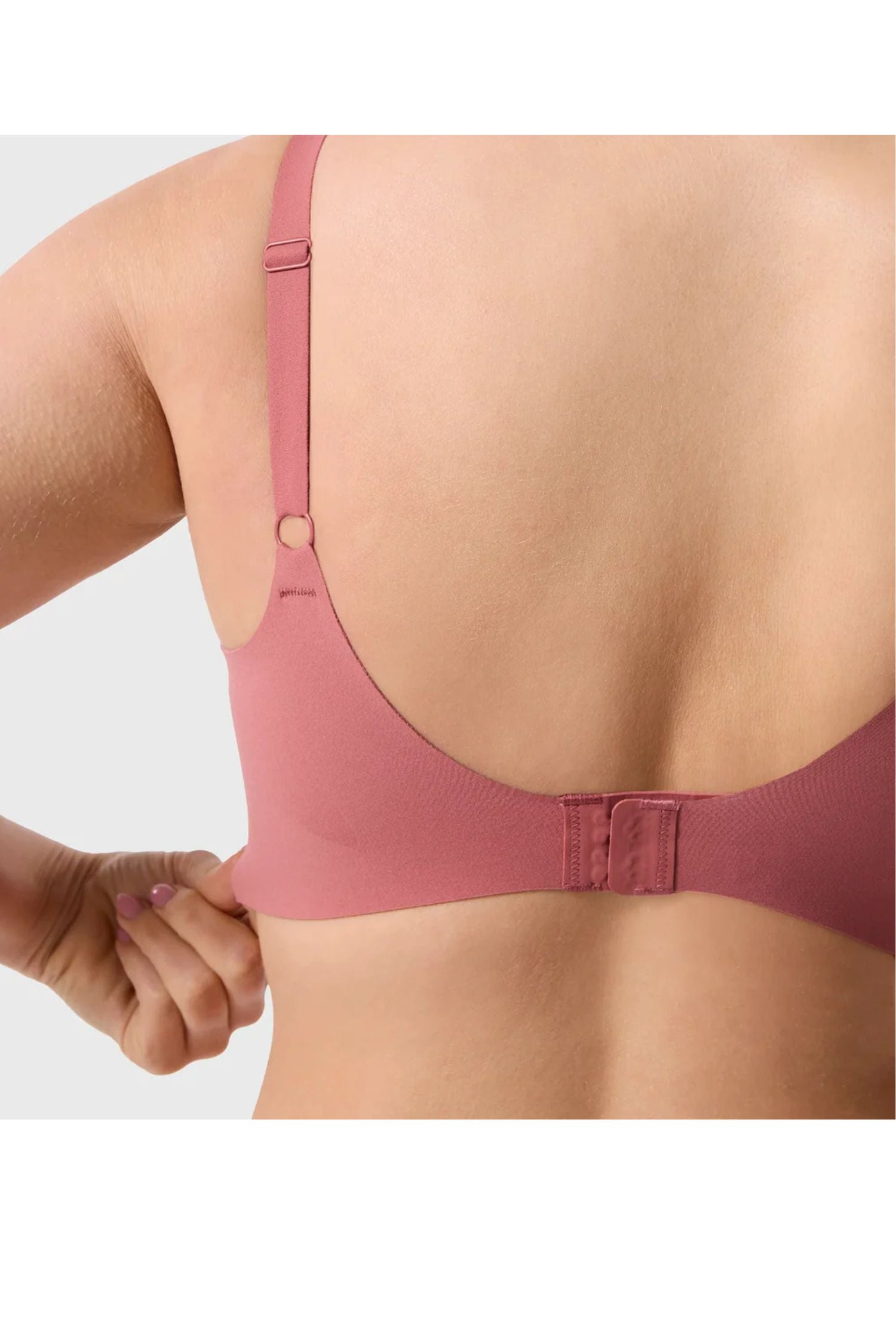 Back view closeup of Evelyn and Bobbie Beyond Wirefree Bra in pink canyon