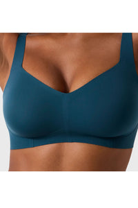 Front view closeup of Evelyn and Bobbie Beyond Wirefree Bra in deep tide