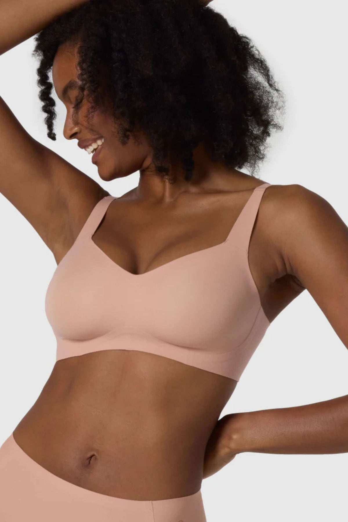 Front view of Evelyn and Bobbie Beyond Wirefree Bra in Himalayan salt