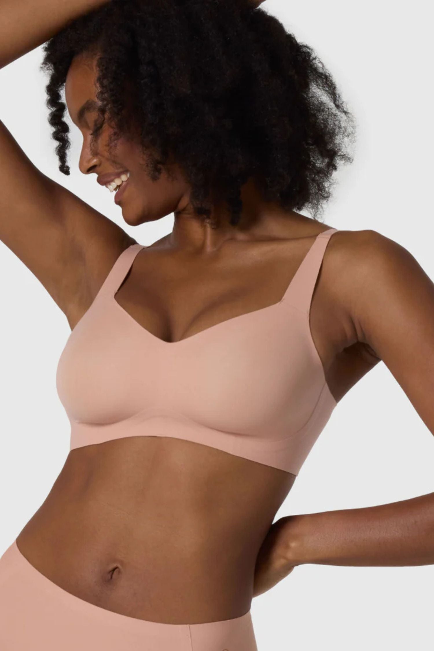 Front view of Evelyn and Bobbie Beyond Wirefree Bra in Himalayan salt