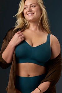 Lifestyle view of Evelyn and Bobbie Beyond Wirefree Bra in deep tide
