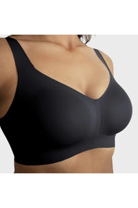 Side closeup view of Evelyn and Bobbie Beyond Wirefree Bra in black