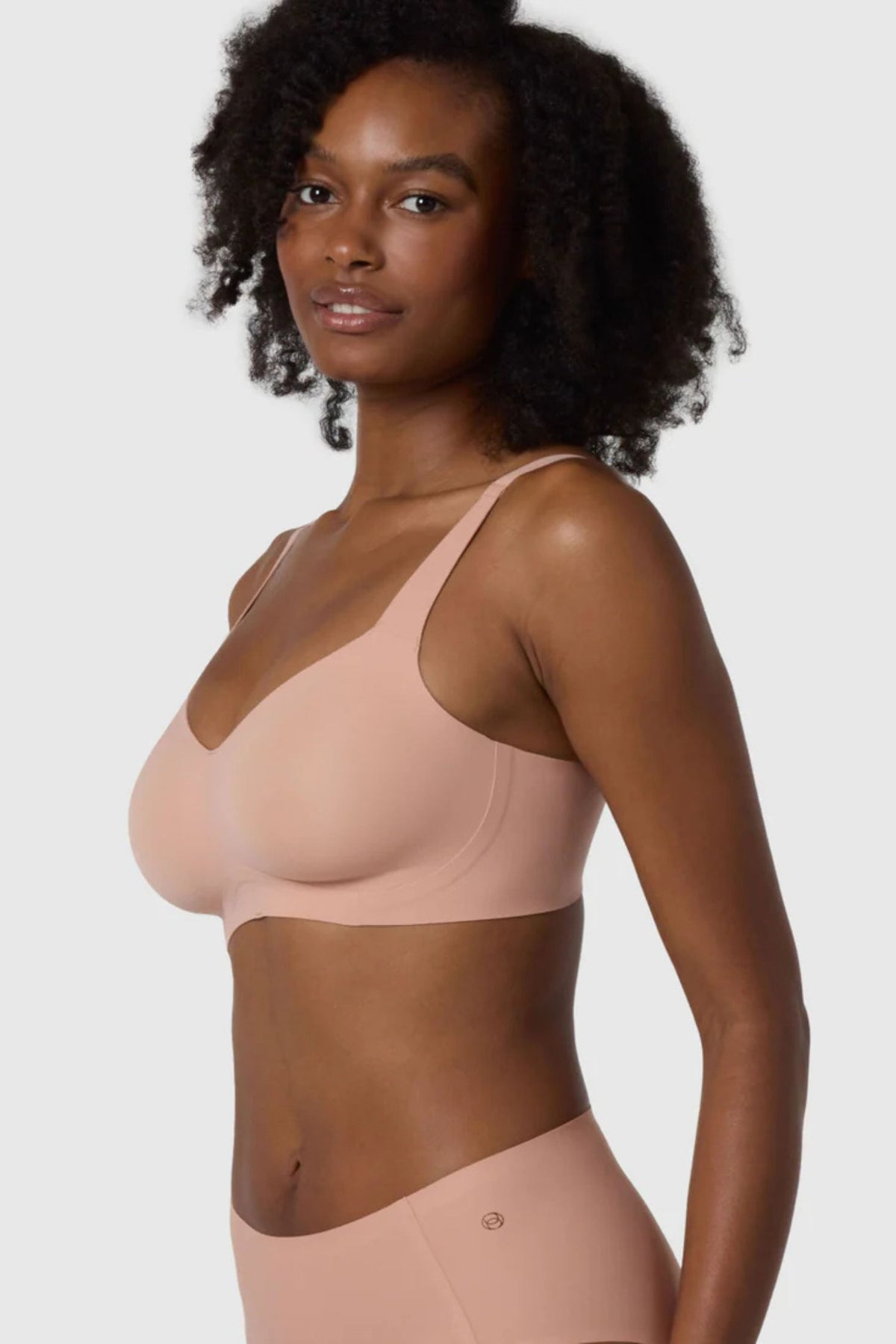 Side view of Evelyn and Bobbie Beyond Wirefree Bra in himalayan salt