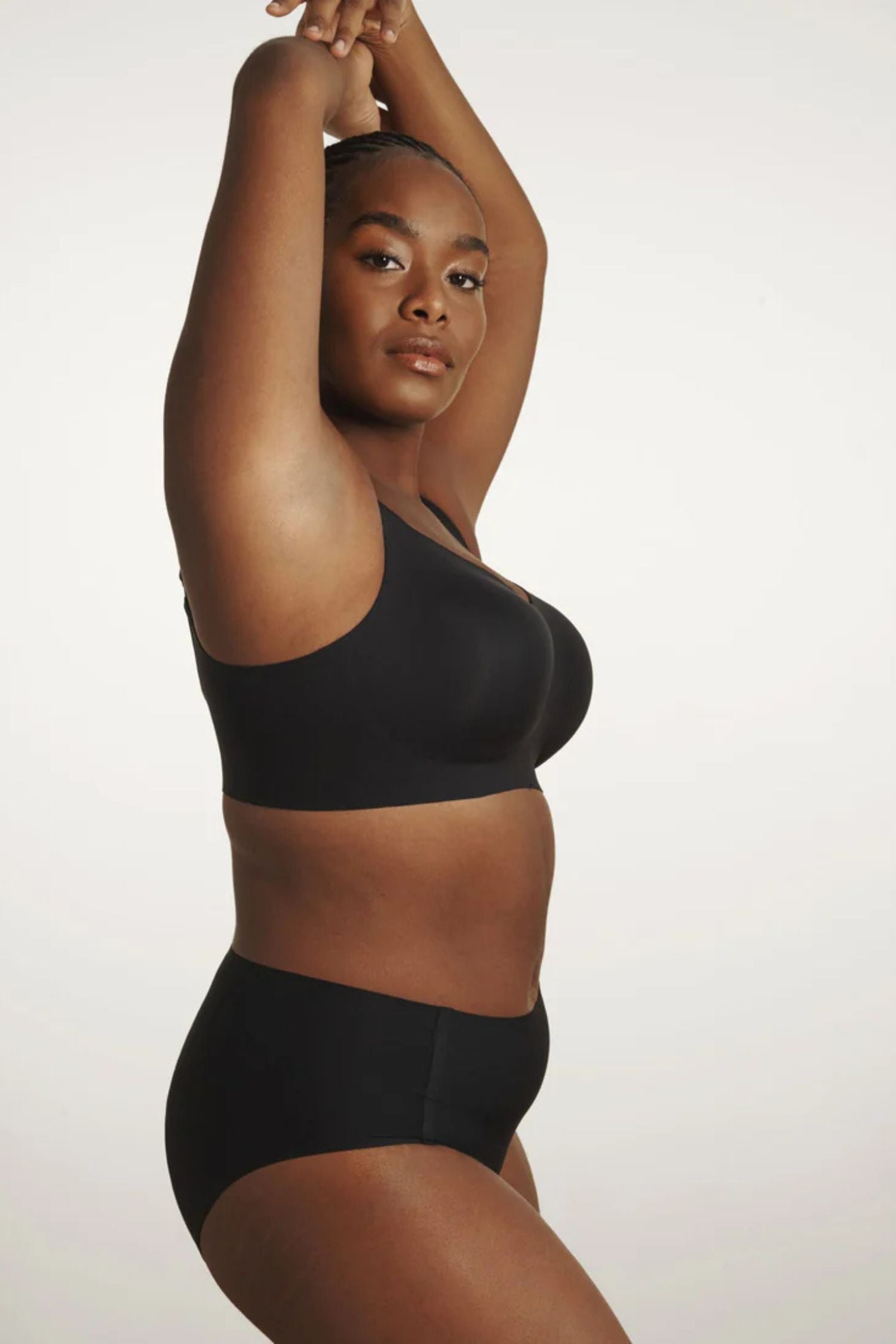 Side view of Evelyn and Bobbie Beyond Wirefree Bra in black