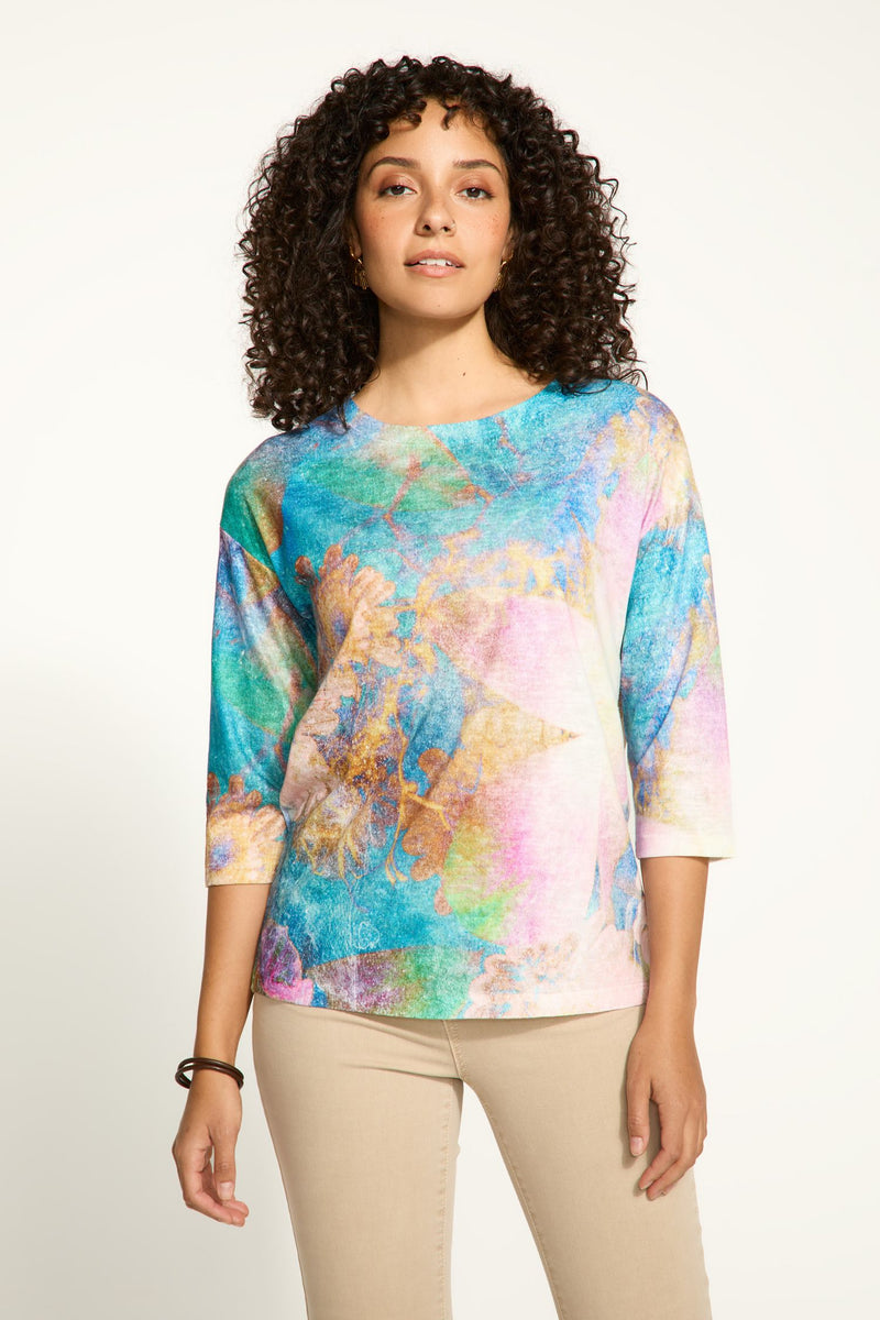 Front view of FDJ 3/4 Sleeve Boat Neck Print Top - Style 3439451