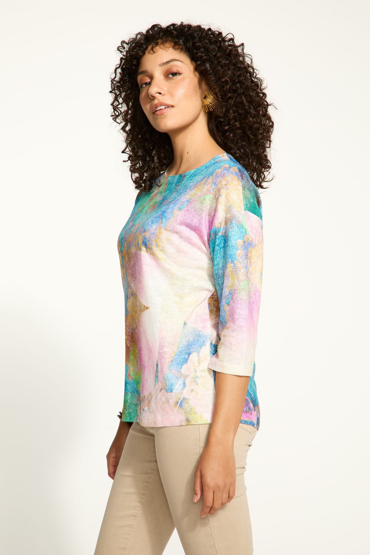Side view of FDJ 3/4 Sleeve Boat Neck Print Top - Style 3439451