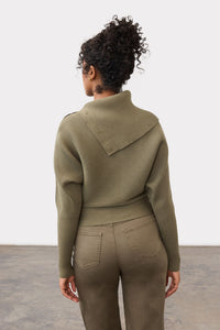 Back view of FDJ Envelope Collar Sweater - Style 1051885 in olive